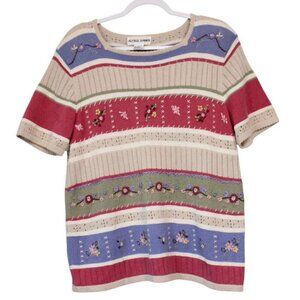 90s Sweater Blouse Oversized Medium Ramie Knit Embroidered Cottagecore Grandma